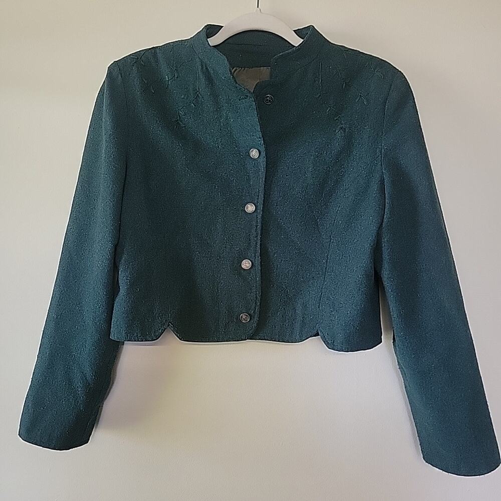 Womens Vintage Wool Cropped Coat Teal Embroidered Floral Vines S/M 80's Retro